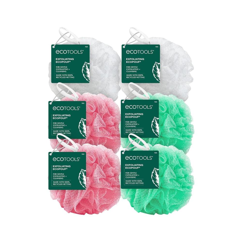 image:imageEcoTools Exfoliating EcoPouf Bath Sponges Rich Lather Recycled Netting Body Loofahs for Smoother Softer Skin Removes Dirt amp Impurities for Shower amp Bath Assorted ColorsPack of 61 Count Pack of 6